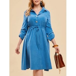 

Plus Size Drawstring Half Button Roll Up Sleeve Dress, Denim blue
