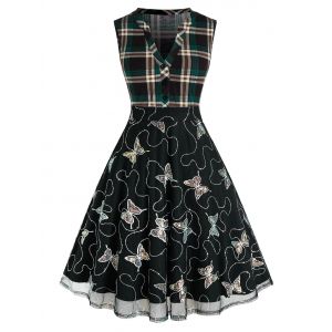 

Plus Size Sequined Butterfly Plaid V Notch Mesh Dress, Dark forest green