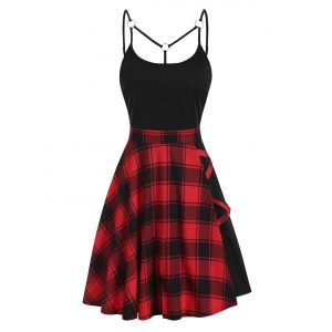 Tartan Plaid Panel Crisscross Cami A Line Dress, Red