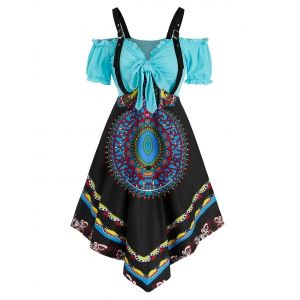 

Cold Shoulder Printed Tie Front Midi Asymmetric Dress, Multi a