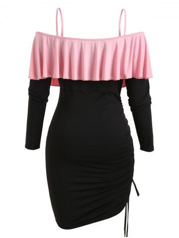 Plus Size Ruffle Open Shoulder Cinched Dress, Light pink