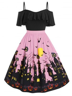 Plus Size Cold Shoulder Halloween Castle Pumpkin Flounce Dress