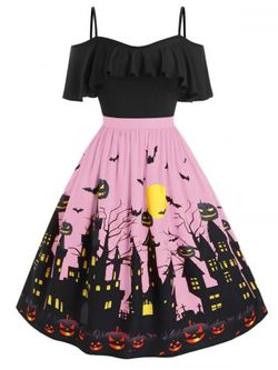 Plus Size Cold Shoulder Halloween Castle Pumpkin Flounce Dress - PINK - 2X