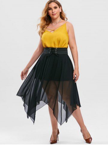 

Plus Size Gothic Handkerchief Lace Up Mesh Overlay Skirt, Black