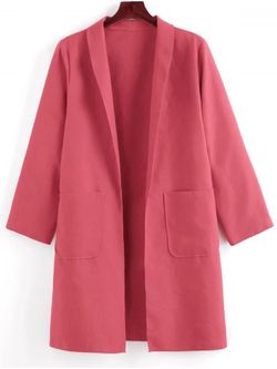 Plus Size Shawl Collar Patched Pocket Tunic Coat - WATERMELON PINK - 5X