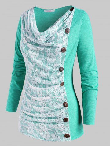 Mock Button Cowl Front Lace Panel Plus Size Top - GREEN - 4X