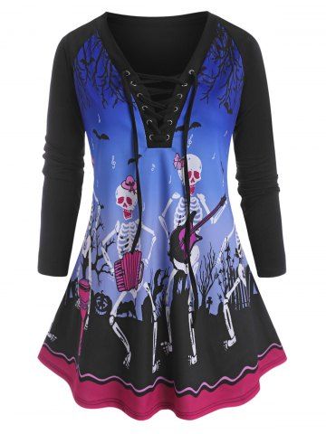 Plus Size Skeleton Bat Print Lace-up Halloween Tunic Top - BLACK - 4X