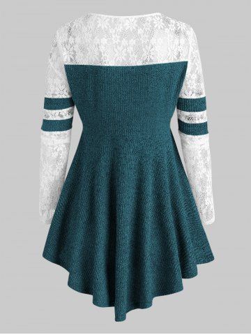 Lace Panel Marled Ribbed Button Front Plus Size Top