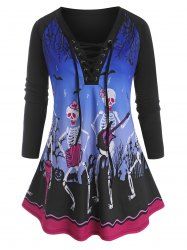 Plus Size Skeleton Bat Print Lace-up Halloween Tunic Top -  