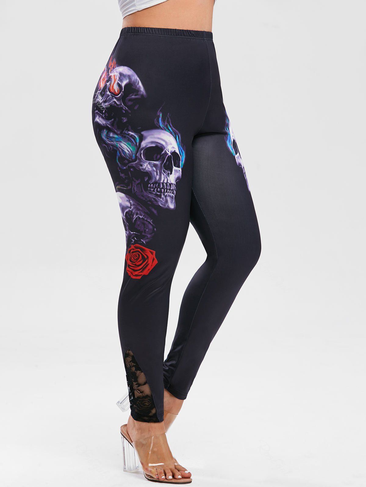 

Plus Size Halloween Skull Lace Panel See Thru Leggings, Black