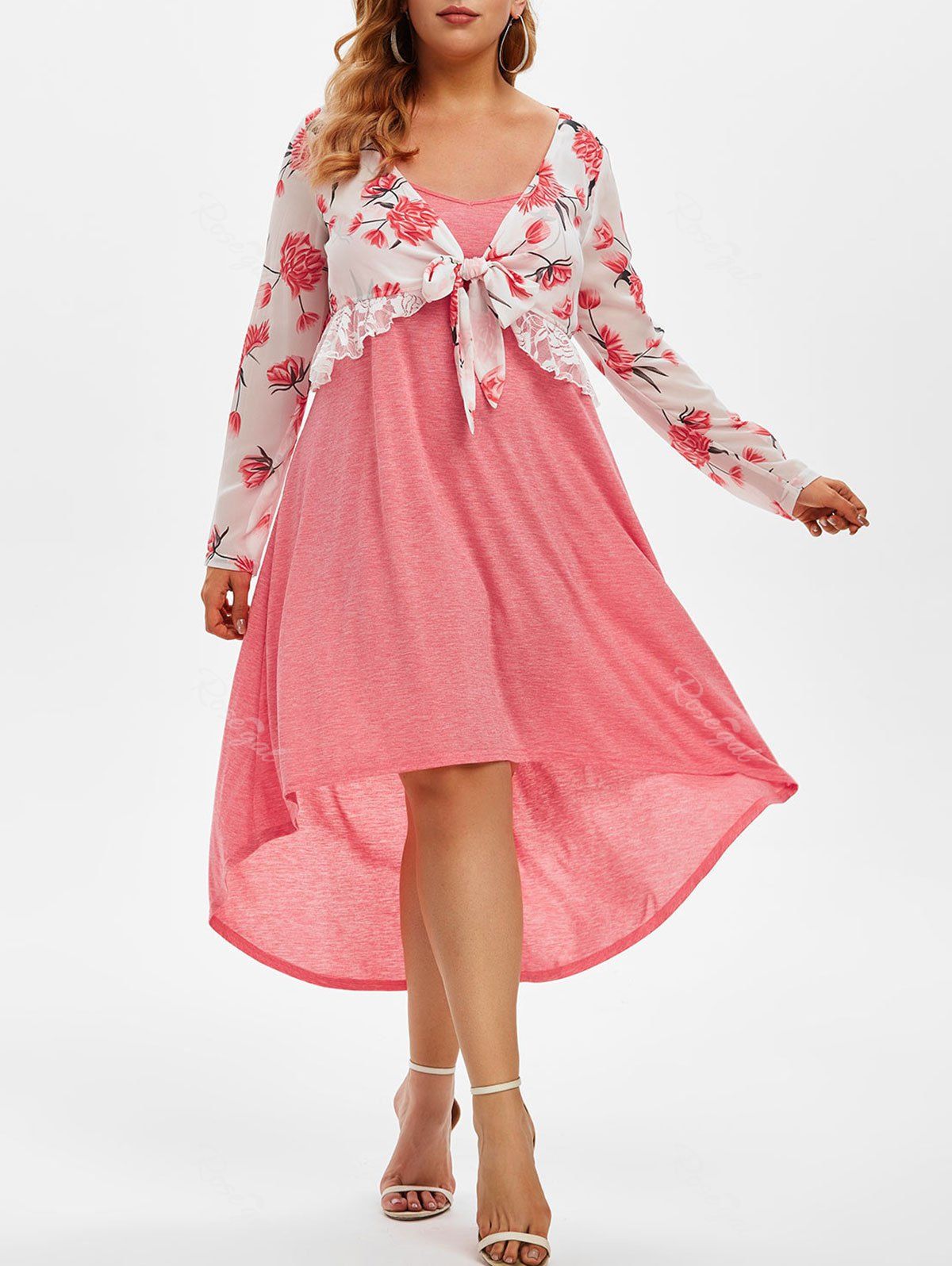 

Plus Size Floral Chiffon Top and High Low Cami Dress Set, Bean red