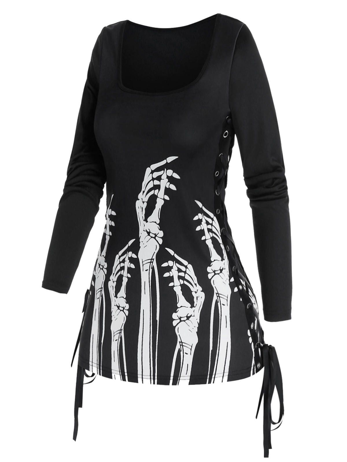

Gothic Skeleton Hands Print Side Lace Up T Shirt, Black