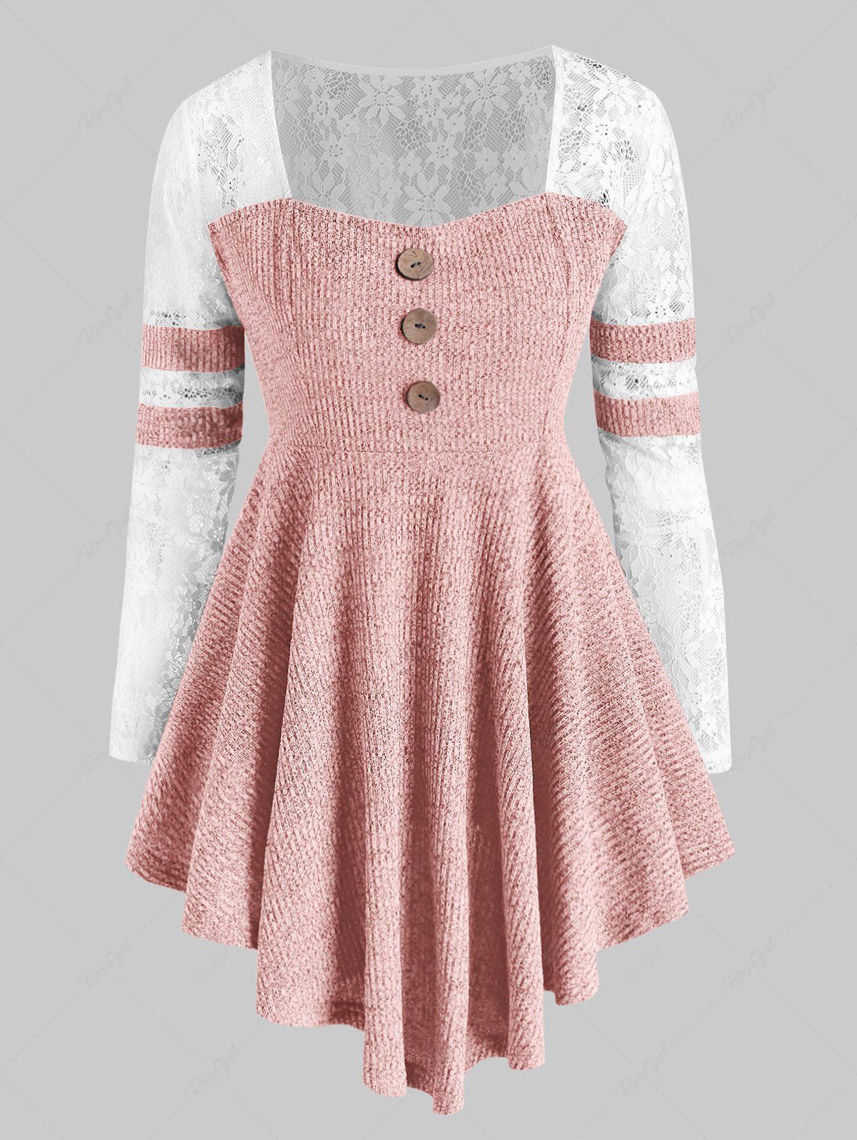 

Lace Panel Marled Ribbed Button Front Plus Size Top, Light pink