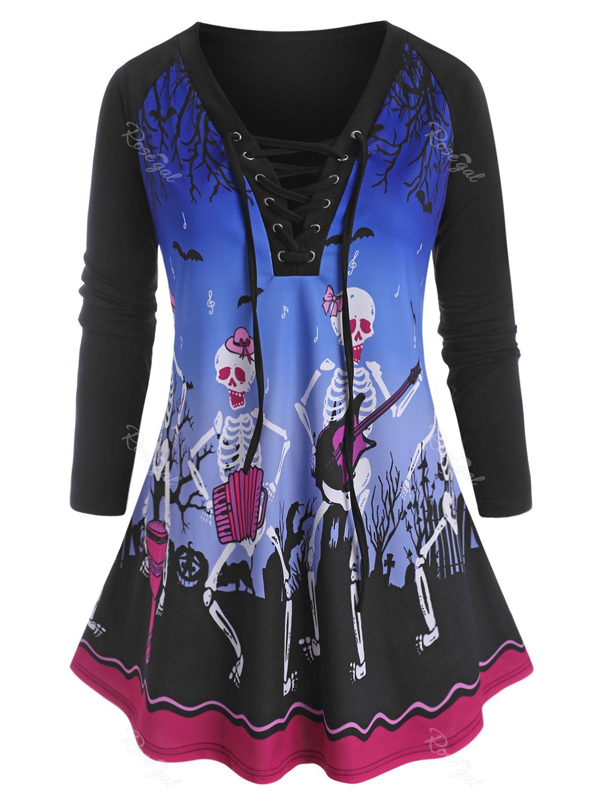 Latest Plus Size Skeleton Bat Print Lace-up Halloween Tunic Top  