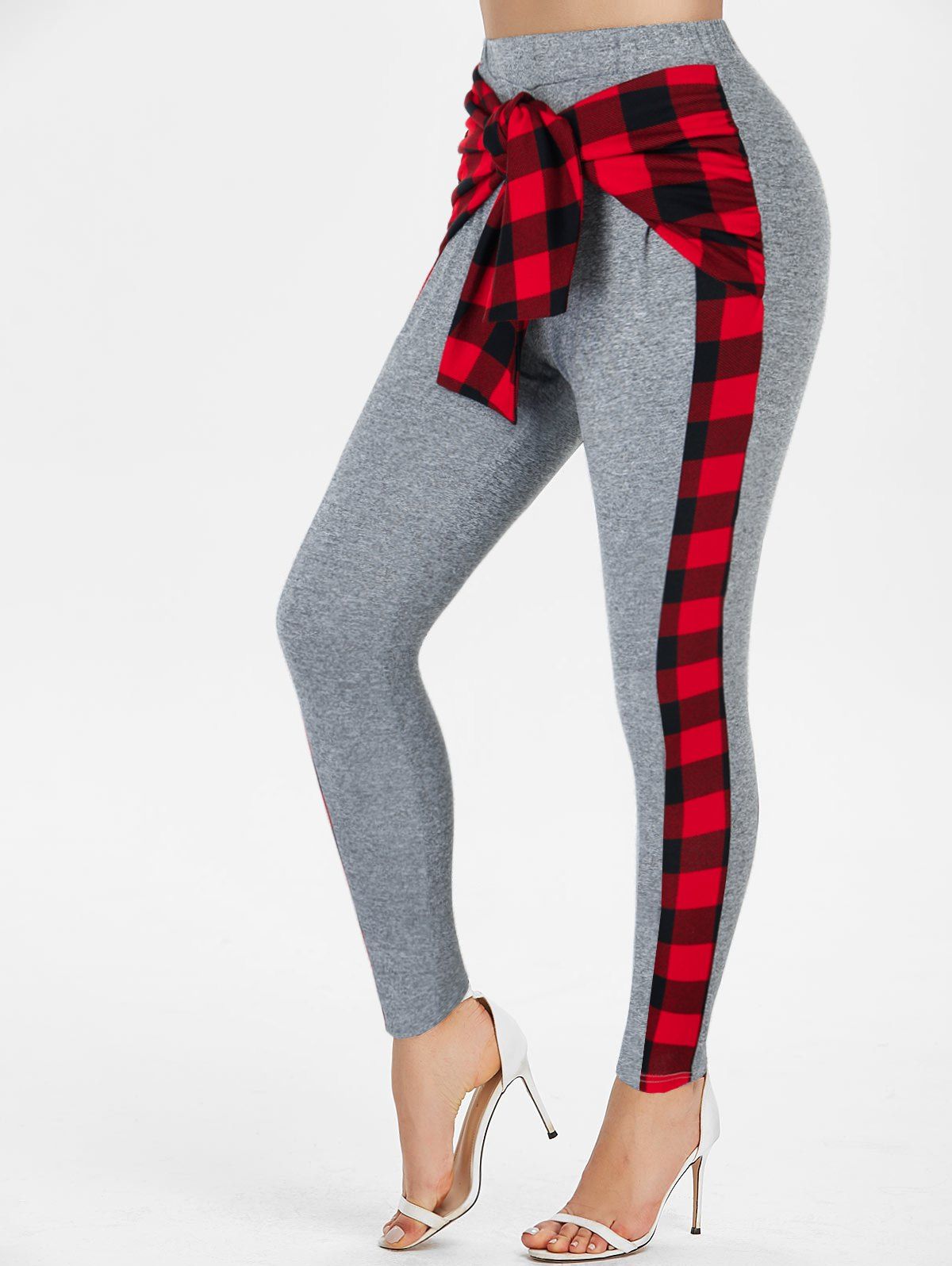 

Plaid Print Mock Button Knot Front Pants, Light gray