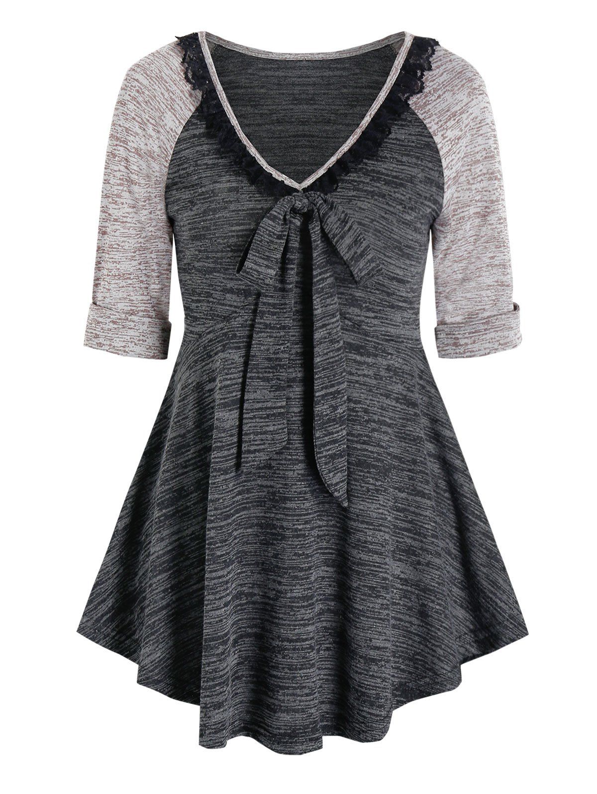 Contrast Space Dye Print Lace Insert Bowknot T-shirt, Dark slate grey