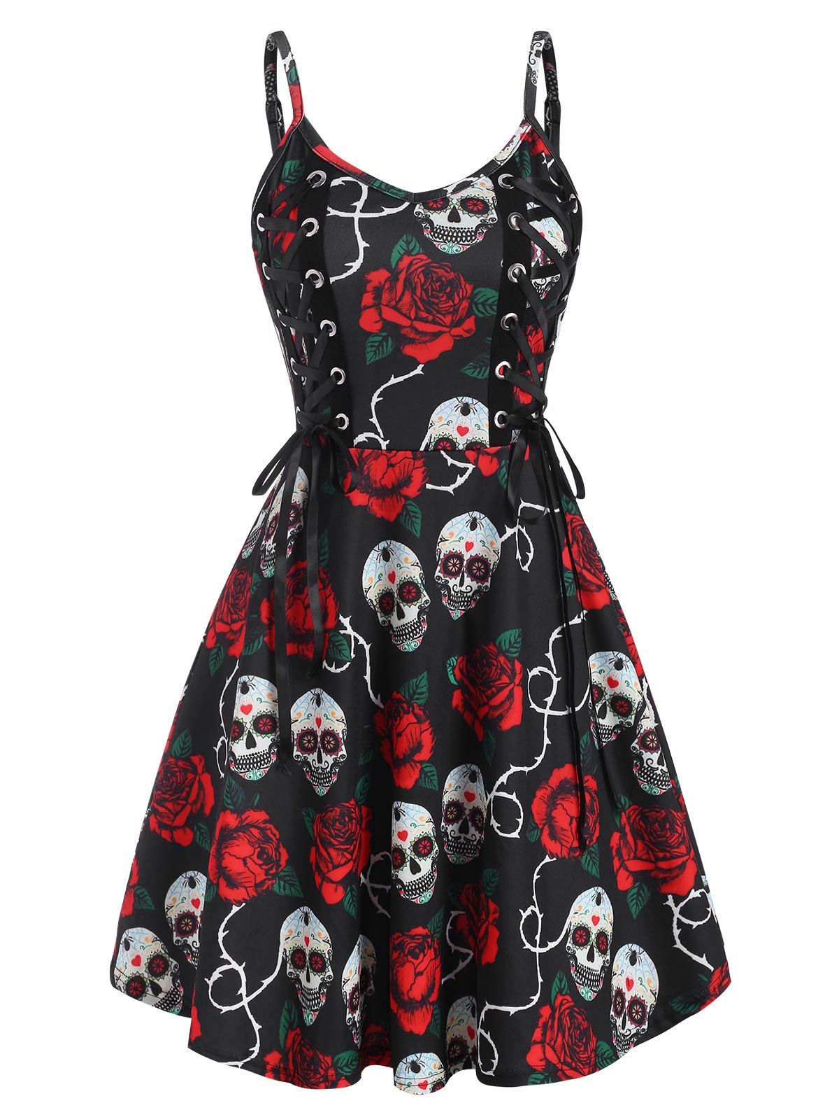 

Halloween Flower Skull Lace Up Dress, Black