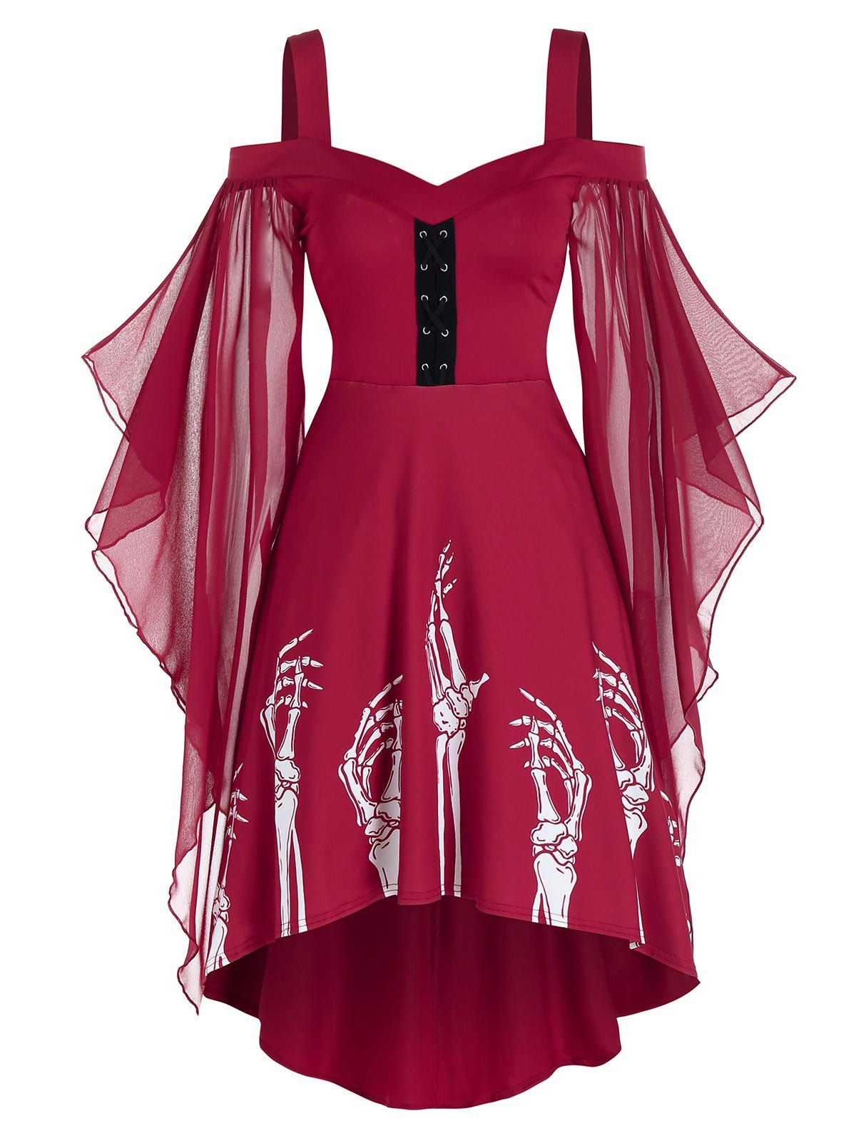 

Skeleton Print Butterfly Sleeve Lace-up High Low Dress, Red wine