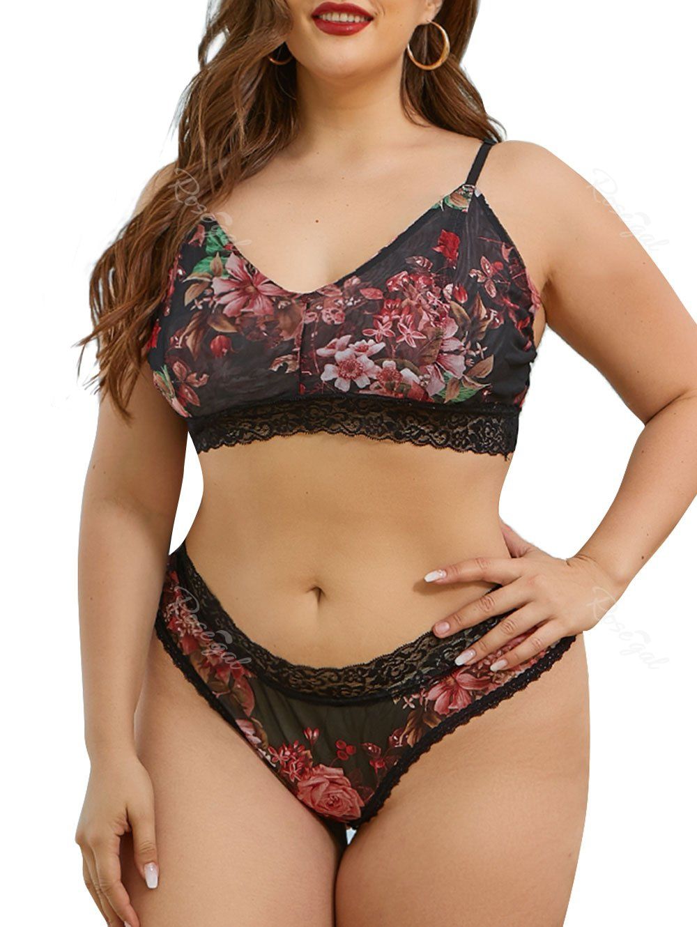 Plus Size Lace Brim Floral Print Sheer Mesh Bra Set