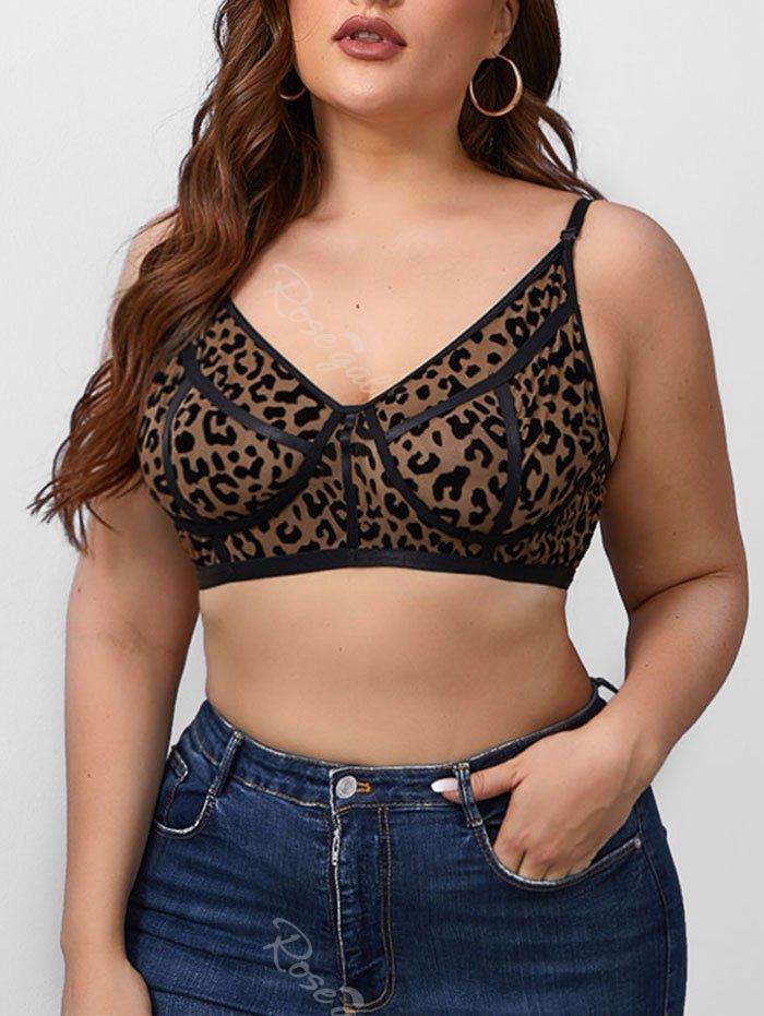 

Plus Size Leopard Pattern Mesh Bra, Deep coffee