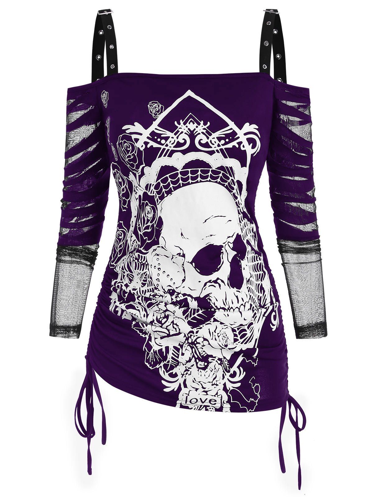 

Halloween Buckled Skull Floral Print Cinched Mesh Sleeve Cold Shoulder Top, Concord