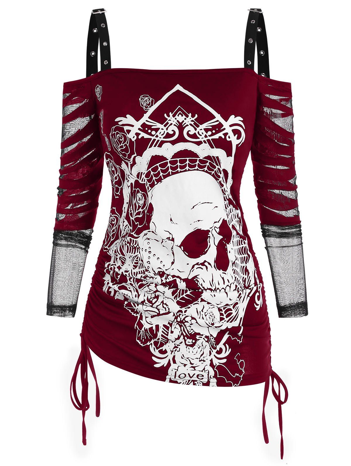 

Halloween Buckled Skull Floral Print Cinched Mesh Sleeve Cold Shoulder Top, Deep red