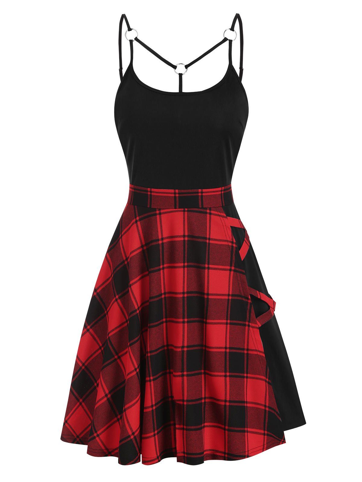 

Tartan Plaid Panel Crisscross Cami A Line Dress, Red