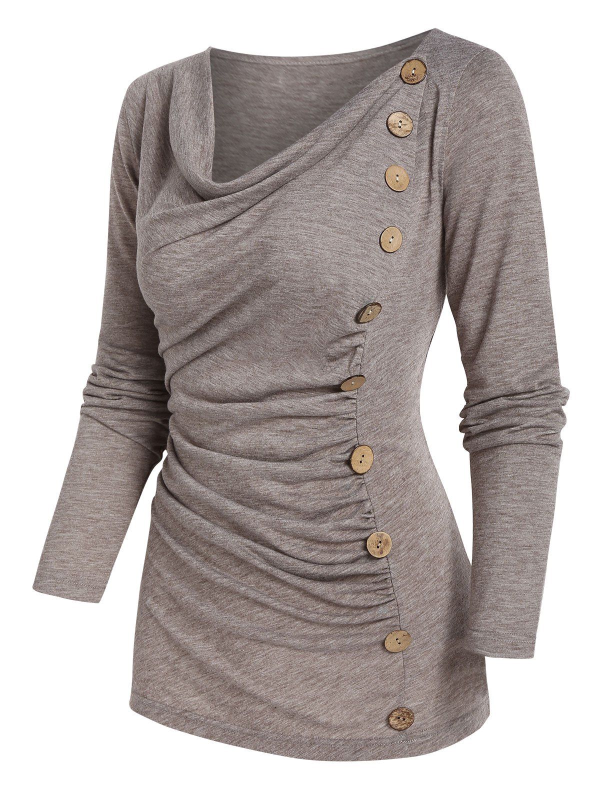 

Long Sleeve Mock Button Ruched Heathered T-shirt, Brown bear