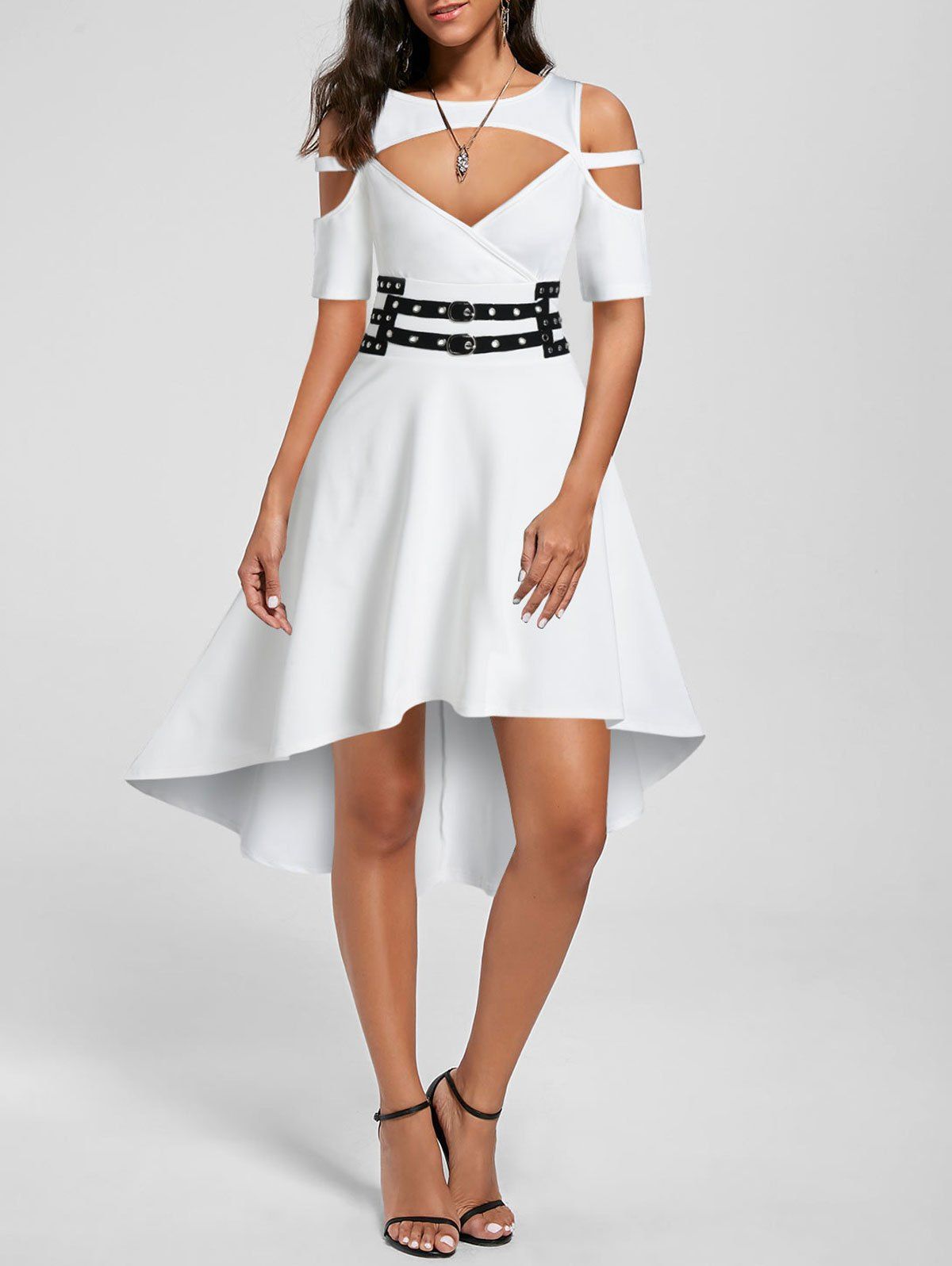

Cold Shoulder High Low Cut Out Gothic Dress, Milk white