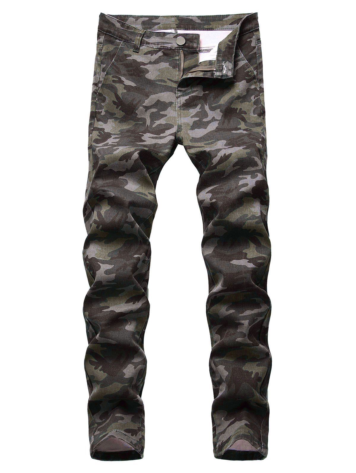 

Camouflage Print Long Straight Jeans, Gray