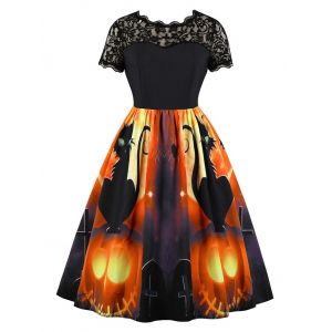 

Halloween Pumpkin Spider Print Lace Panel Vintage Dress, Halloween orange