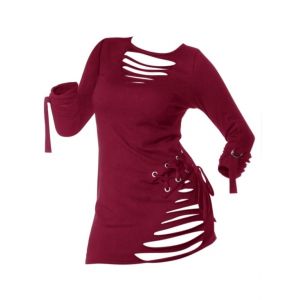 

Lace-up Ripped Long Sleeve Gothic T-shirt, Red wine