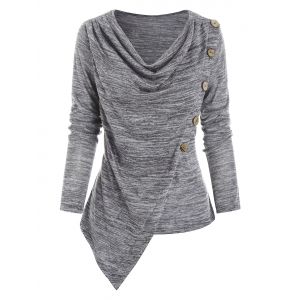 

Oblique Buttons Cowl Neck Irregular Top, Light gray