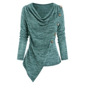 

Oblique Buttons Cowl Neck Irregular Top, Grayish turquoise