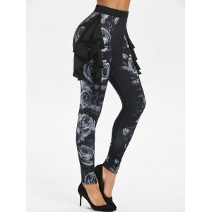 

Floral Print Side Ruffle Skinny Leggings, Black