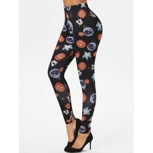 

Halloween Pumpkin Skull Moon Print High Waisted Skinny Leggings, Black