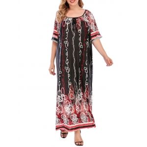 

Plus Size Abstract Print Raglan Sleeve Floor Length Dress, Deep red