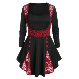 

Plus Size Colorblock Floral Lace T Shirt, Black