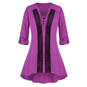 

Plus Size Lace-up Crochet Panel Roll Tab Sleeve Tunic Blouse, Purple flower