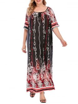 Plus Size Abstract Print Raglan Sleeve Floor Length Dress - DEEP RED - 1XL