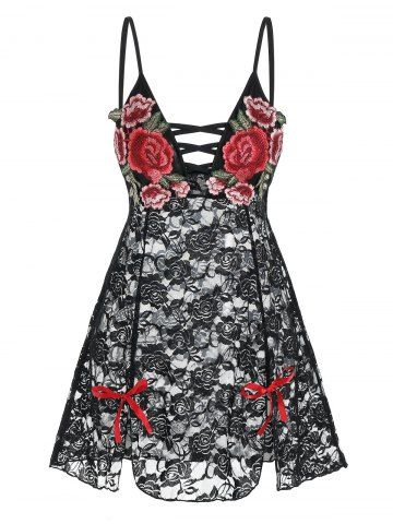 Flower Embroidered Criss-cross Bowknot Lace Babydoll - BLACK - M