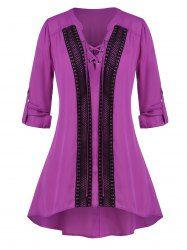 Plus Size Lace-up Crochet Panel Roll Tab Sleeve Tunic Blouse -  