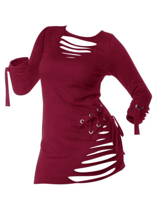 

Lace-up Ripped Long Sleeve Gothic T-shirt, Red wine