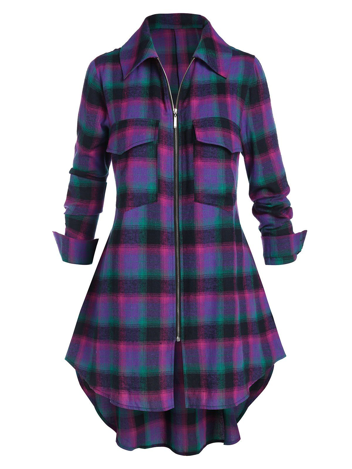 

Plus Size Plaid Flap Pocket Zip Curved Hem Blouse, Purple iris
