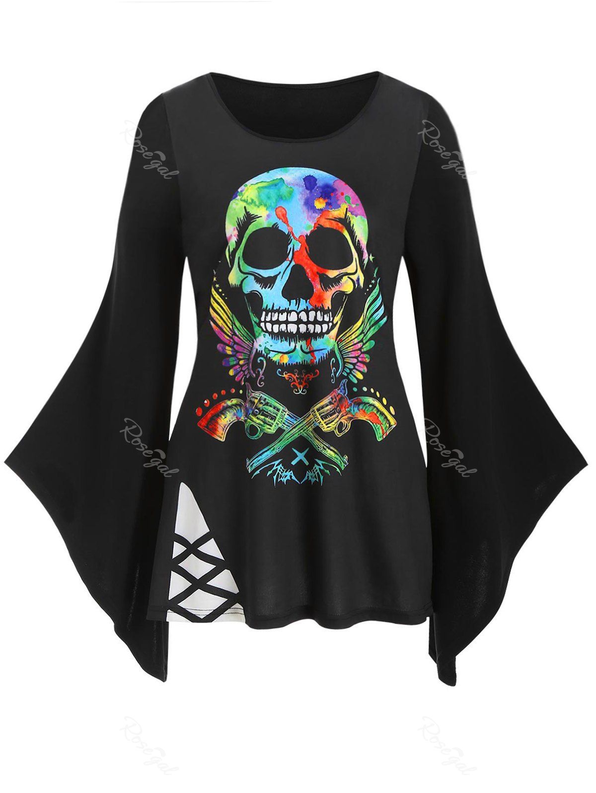 

Plus Size Halloween Bell Sleeve Skull Gun Print T Shirt, Black