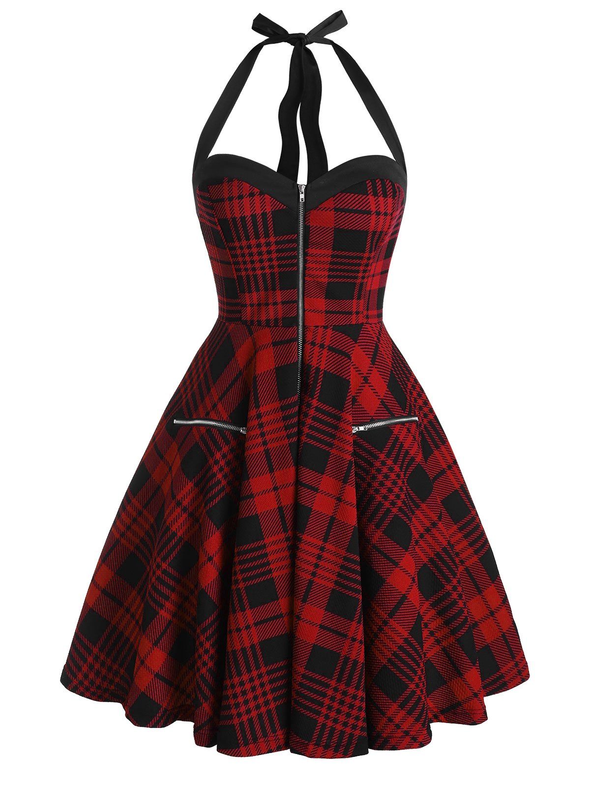 

Halter Half Zip Plaid Vintage Dress, Red