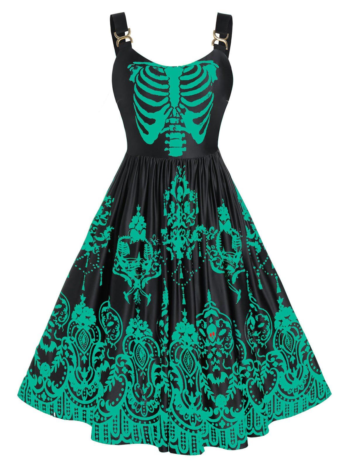 Plus Size Colorful Skulls Skeleton Halloween Backless Retro Dress [29 OFF] Rosegal