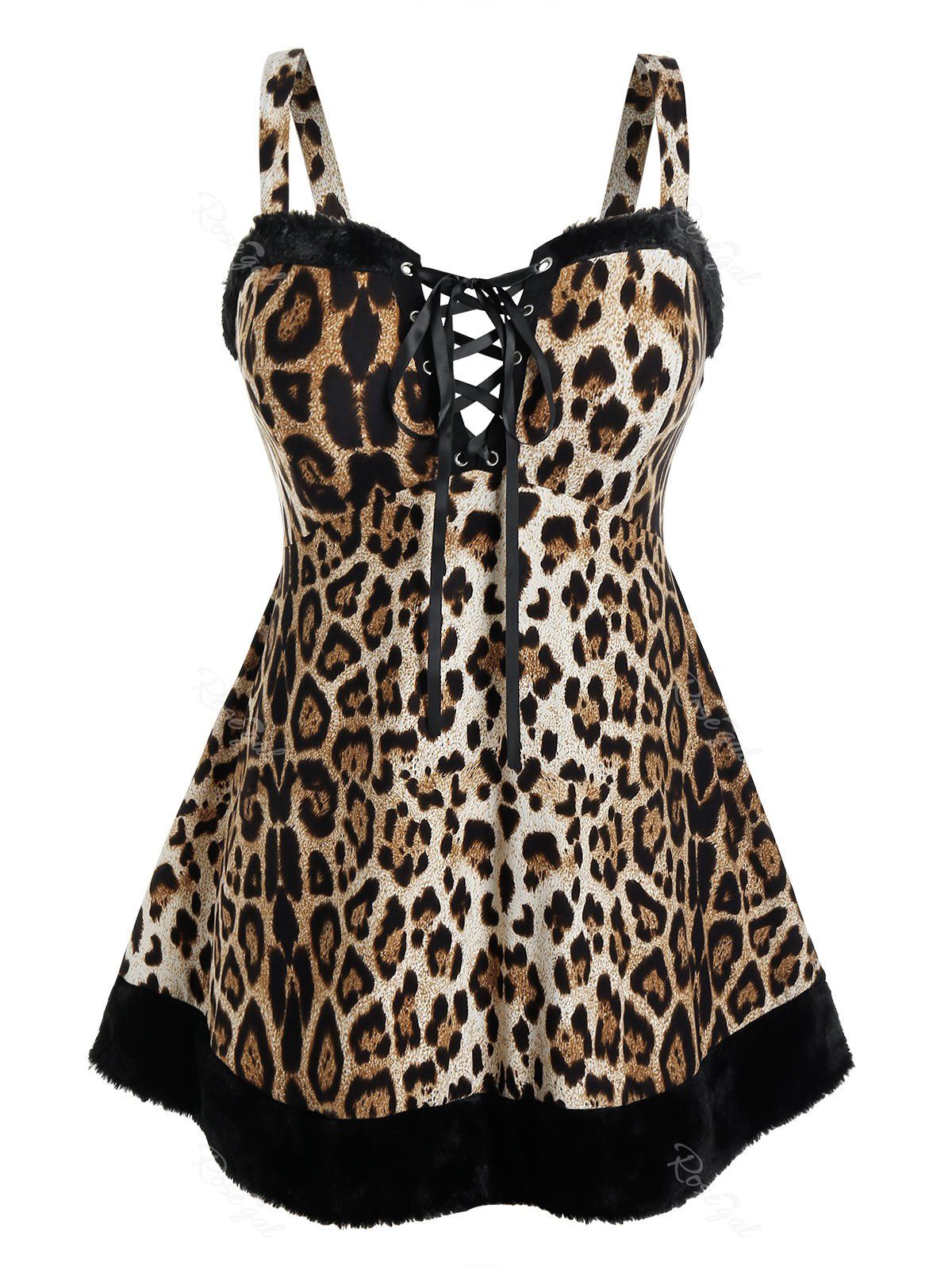 Plus Size Lace-up Leopard Faux Fur Lingerie Dress Set [31% OFF] | Rosegal