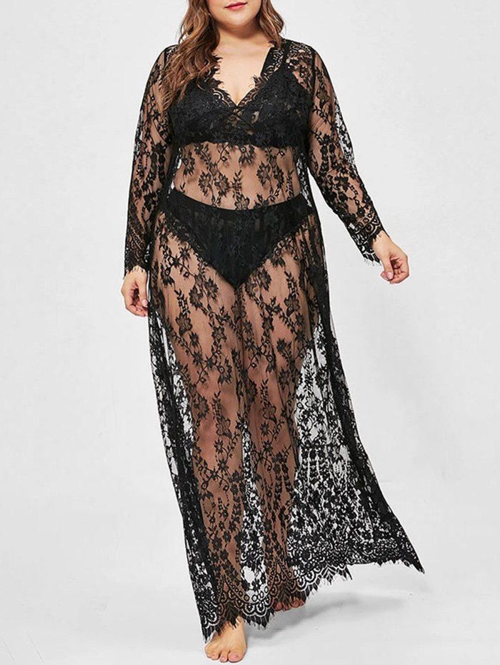 

Plus Size Lace Sheer Long Sexy Dress with T-back, Black