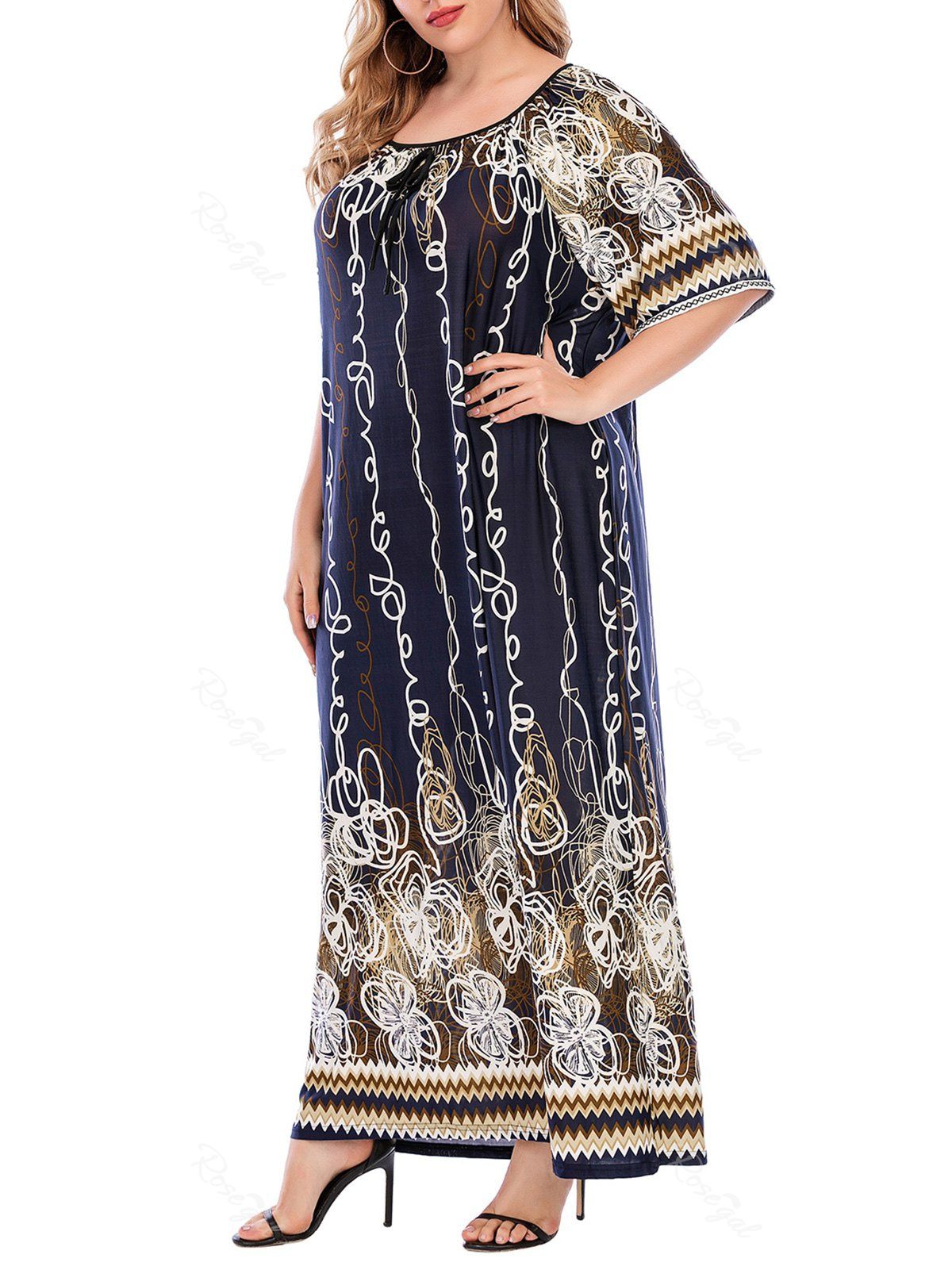 

Plus Size Abstract Print Raglan Sleeve Floor Length Dress, Deep blue